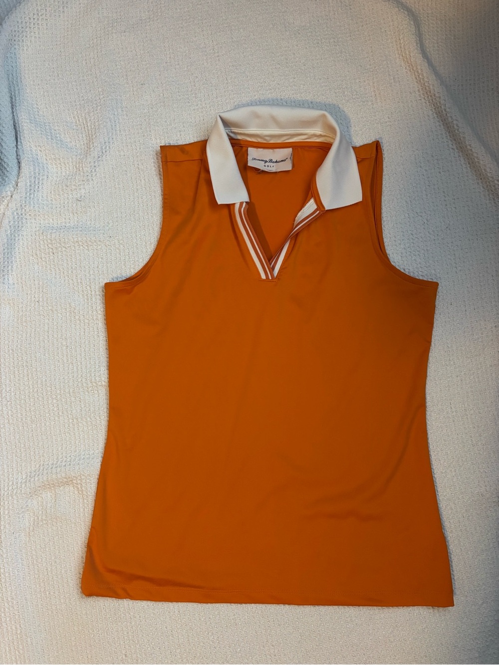 Tommy Bahama Orange Sleeveless V‑Neck Polo with White Collar